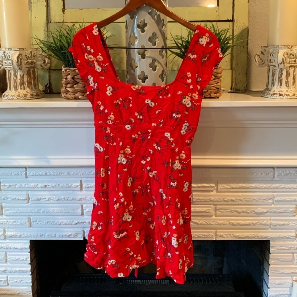 American Eagle NEW Square Neck Cap Sleeve 90s Red Floral Tie Back Mini Dress S